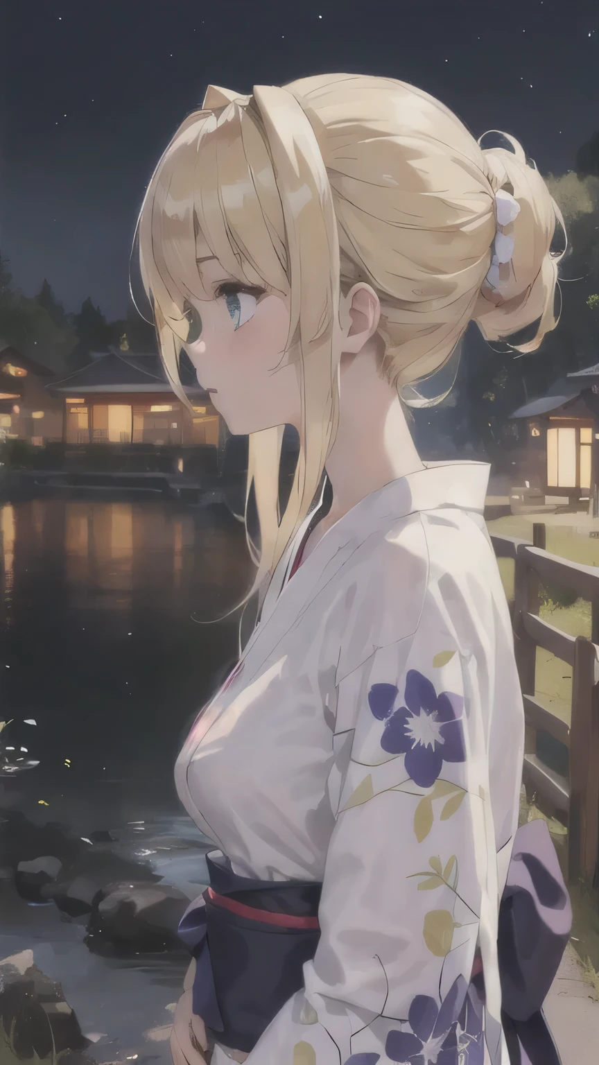 (masterpiece), (ultra quality), highly detailed, 8K, 1girl, solo, (cute girl), ((18years old girl)), (golden blonde hair:1.5), (long hair), bang, (blue eyes), (medium large breasts, glossy lips, fair skin, yukata with pale blue flowers pattern, hair up with soft tendrils, standing near river, (night time: 1.2), summer festival nearby, looking out, thoughtful, (side view, far shot)
