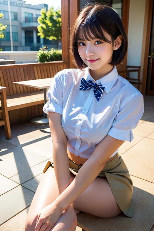 (8k, RAW Photos, highest quality, masterpiece:1.2), (Realistic, photo-Realistic:1.37), Very detailed,
1 girl,cute, alone,Beautifully detailed skies,Detailed Cafe,night,Sitting,Date,(Red nose),(smile:1.1),(Mouth closed),big breasts, seductive smile, Wide opening, Professional Lighting, Sony A7R4, Zesse 50mm F1.8,
Medium chest,Beautiful fine details,(Collared shirt:1.1), bow tie,Pleated skirt,(short hair:1.2),floating hair 、((Leg spread:1.5))