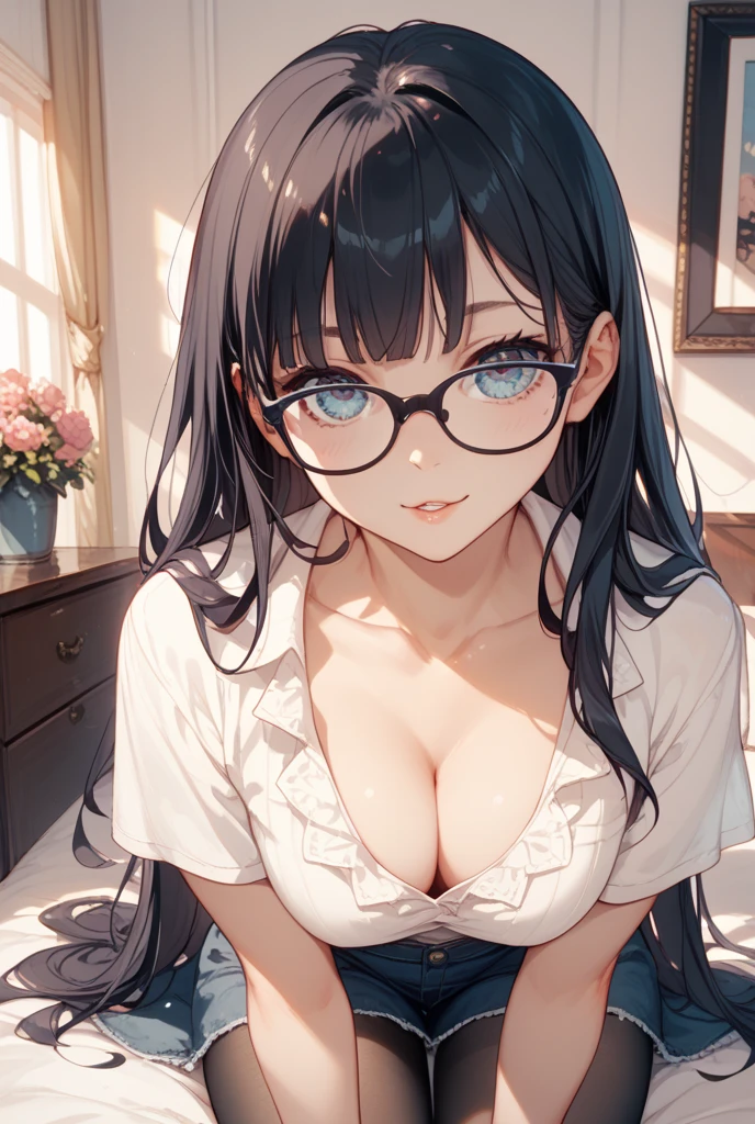 ((1 lady))、Ultra-detailed, digitial illustration, Sharp Focus, Smooth texture、ultra resolution、Seductive Anime Girl, glossy realistic skin texture、shiny skin、Meticulously drawn hair, Meticulously drawn eye, (((dark room:1.4)))、((breast grab myself:1.5))、((on the bed:1.2))、((huge breasts:1.3))、((sleeveless))、((cleavage cutout:1.3))、((from above:1.4))、((looking up at viewer:1.5))、((Raise chin))、((eyewear))、((Enchanted face:1.3))、((thick lips))、((Open mouth wide:1.3))、scantily clad、face focus、upper body、precise human body structure