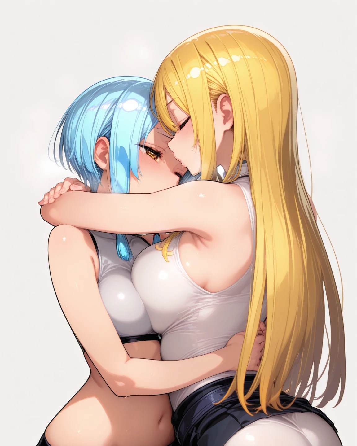 Blonde hair and blue eyes、lesbian sex,full color,stand,(Full Color)(Full Color)Orgasm facial expression、Very sweaty、Massage your breasts、(Grab the nipples:1.5)