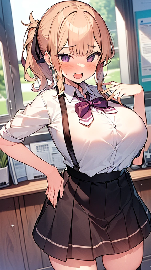 ((best quality)), ((masterpiece)), (detailed), perfect face, JK, School girl, , classroom, blush, yellow eyes, pink hair, white shirt, skirt, breast, covered mouth with book.