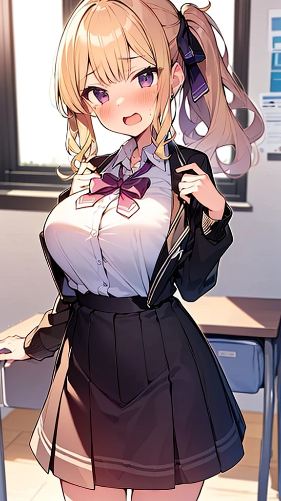 Young man, open mouth broad shoulders, crossdressing, wig long blone curly, fake breasts, shirt, skirt, knee socks, threaten, suprised, scared, shy, modest, looking up. wearing glasses.