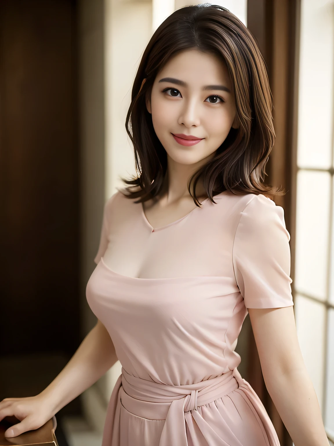 (Photorealistic:1.4), (Very detailed), (Highest quality), (Best Shadow), (masterpiece), Ultra-high resolution, 1 The Ultimate Beautiful Mature Woman, Very detailed顔, (Perfect Teeth), Beautiful Eyes, double eyelid, eyelash, Lip details, Short black hair, (Light purple blouse:1.2), (Red tight mini skirt:1.3), Light pink panties, (Big Breasts), smile, Thighs, Written boundary depth, Perfect lighting, With background: (Tokyo Ginza Street)