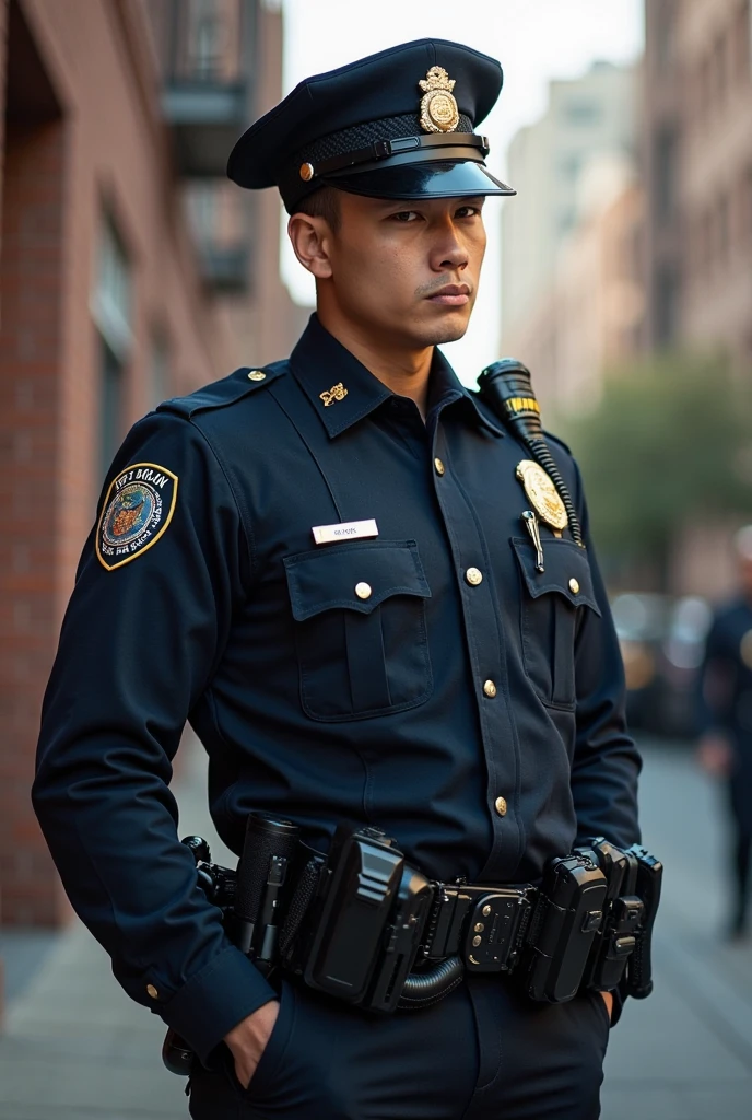 1 handsomemiddle-age Japanese guy,37 years old,police, Professional Dress, Handsome and elegant, wearing police uniform,sexy , Masculine and handsome,musculous,Muscles look good,hairy bodies, sexy, Masculine and handsome, muscular, Beautiful muscles, hairy body, Black eyes (1:3 thin eyes), Full body photo, (super detailed, realistic, best quality, 4k, 8k, high resolution, masterpiece: 1.3), a mature man, sexy and elegant, (muscular body), perfectly fitted charcoal pants, sweat, lewd face, firm chest, accessories include a luxury wristwatch, casual cufflinks and a simple but elegant leather belt, looking at the viewer, muscle veins, lightly tanned skin,