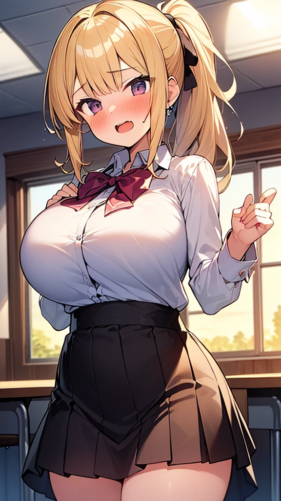 ((1 girl:1.5))、(smile:1.5)、huge breasts、（cowboy shot）、(fun!!)、(white cardigan:1.5)、(blonde)、blush、(single braid)、(eye highlights:1.3)、blake black shoes,(チェック柄のskirt:1.5)、bow, button, shirt with collar, long sleeve, ((red bow tie, ,, white shirt, チェック柄のskirt、white socks)),, shirt,, skirt, socks, thighs, white shirt, Rest indoors, ((classroom:1.5))、 BREAK while watching the audience、 (perfect hands, perfect anatomy),cowboy shot、(skirtlift:1.3),(highly detailed white panties:1.3)、(highly detailed panties:1.3)、、(skirt that rolls up:1.3)、(fully exposed panties:1.5)、blue eyes, puffy nipple ,ahegao