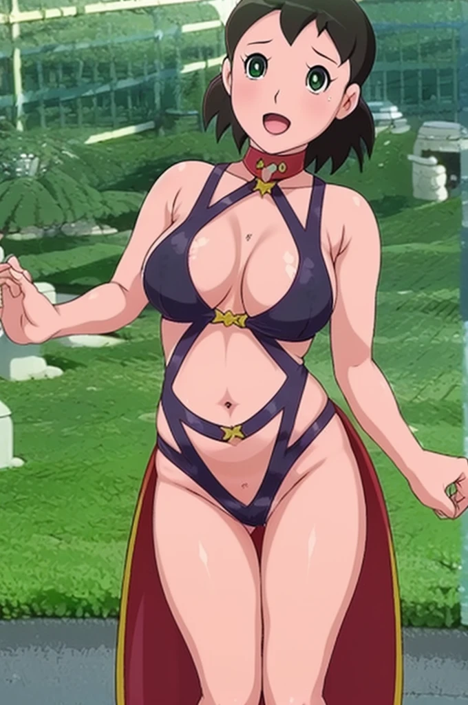 Beautiful woman, extremely sexy body detailed large breasts looking directly into camera, with sexy look, tattoo, choker, camel toe