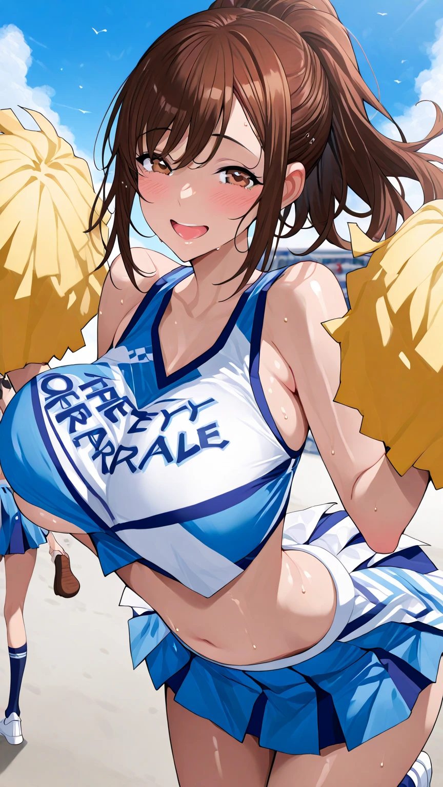 (masterpiece,Highest quality,超A high resolution),One Japanese woman, (((Very beautiful 16 year old girl))), pretty girl、Look at the photographer、 (()), Very cute face, Glossy lips, Double eyelids on both eyes,Natural smile、 Natural Makeup, Long eyelashes, Shiny and smooth hair、, Perfect limbs, Perfect Anatomy,(((Shiny cheer uniforms,Cheerleader,Cheerleader,Tube top))))Stadium,Wet with sweat,(((Tube top)))((((Open Mouth Smile,))))Black Hair,Big Breasts