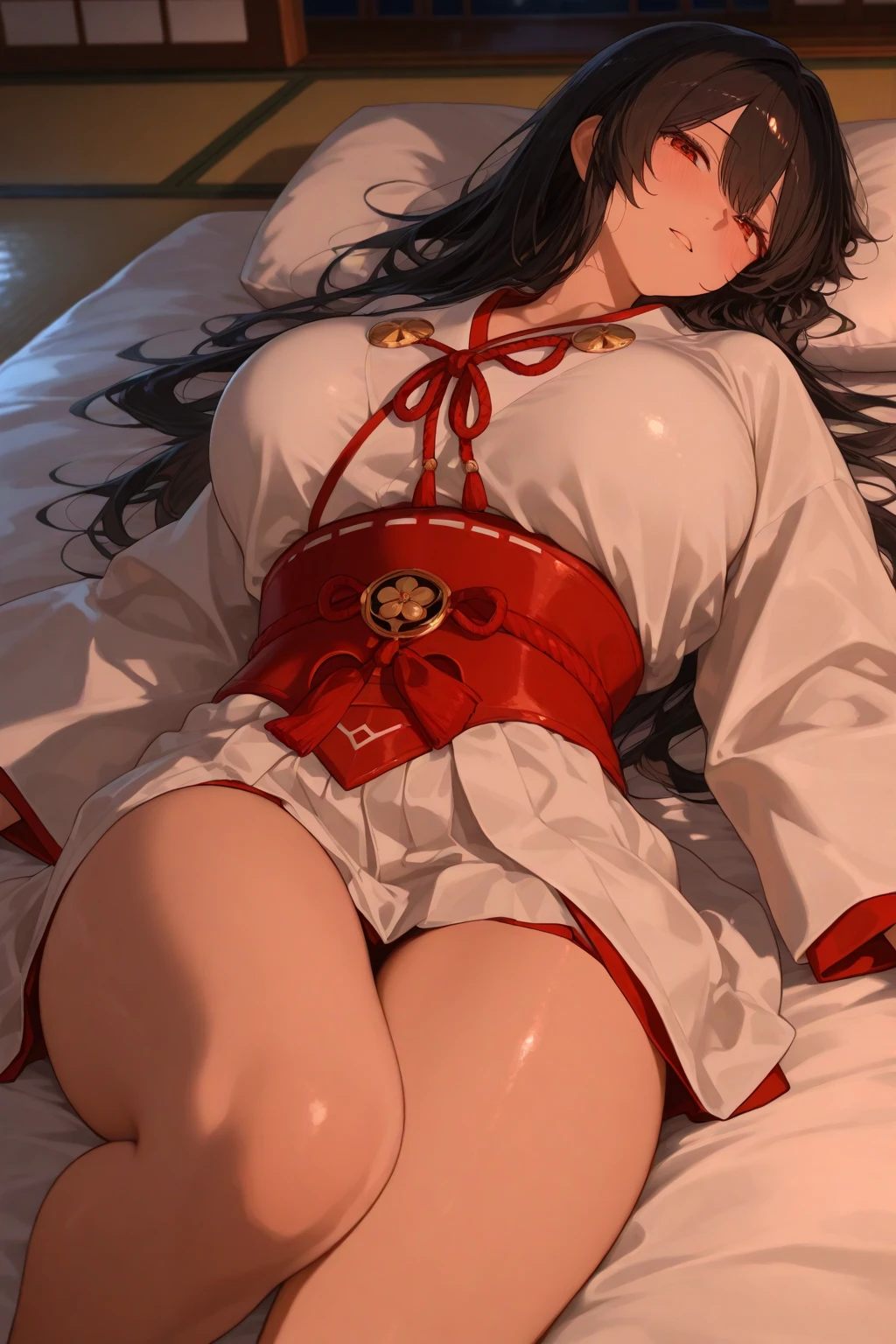 Anime scene of a woman and a woman in kimono lying on the floor, Rose Tran (ross tran) Reality, pixiv, serial art, guys, Guvez, artwork in the style of Guvez, Guvez on pixiv artstation, Guvez masterpiece,pregnant