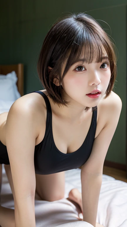18 year old pretty girl, bangs, look at the audience、wearing a black tank top、sitting on the floor、bob cut、laughter、 Gray wall background、(Full body Esbian)、upright、baby face、alone、no makeup、、japanese girl、famous japanese idol、 8k eh、RAW photo、japanese girl、、masterpiece、RAW photo、real person、RAW photo、ultra high resolution、Photoreal、highest quality、(high detail skin、Skin details)、visible pores、shiny skin、masterpiece、Surely_Absurd details、Colorization、very delicate and beautiful、Highly detailed 8K wallpaper、8K high resolution、