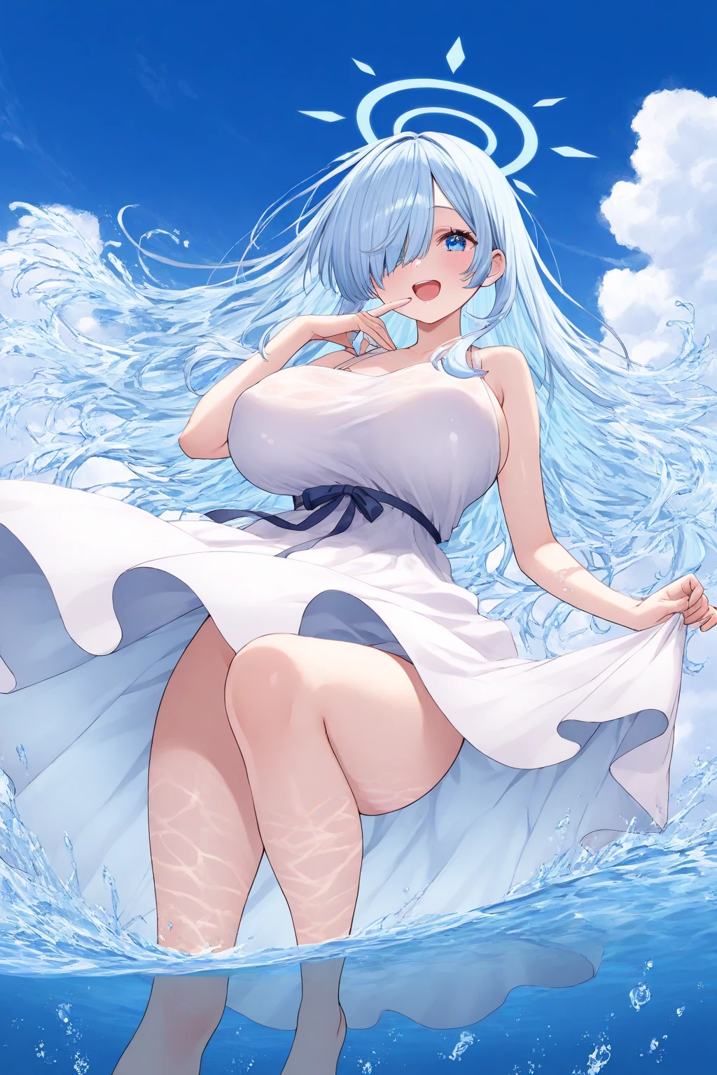 Big slime girl, full body transparent, sky blue hair, glasses, hot figure, big beauty, delicate and beautiful face, full body portrait, big eyes, beautiful face, big, transparent tulle, sexy and alluring, chest size amazingly large, delicate face