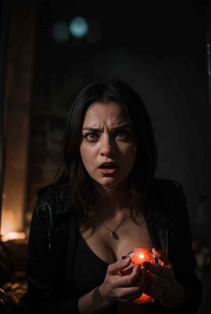 sexy latina girl, realista, talla de busto M, Cosplay de zombis, photographic, escalofriante, colores oscuros, dramatic lighting