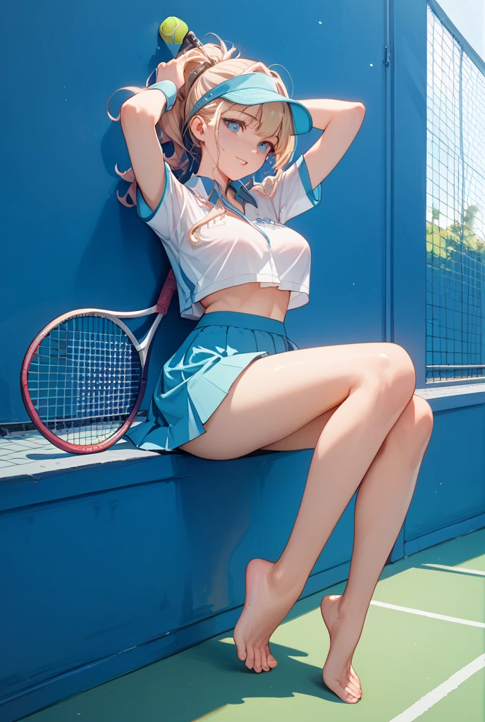 strong wind、panty shot、tennis wear、Beautiful Girl Magician、blonde twintails、((whole body))、(((photo taken from below)))、Tennis court