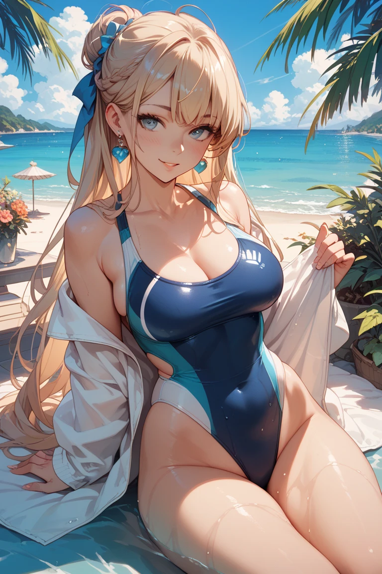 This one-of-a-kind masterpiece photograph is an absolute marvel. With a Dutch angle that adds a touch of dynamic energy, it captures the essence of a reluctant princess sitting by the shimmering poolside. Her medium golden hair cascades down her shoulders, framing her face which is adorned with rosy cheeks blushing full-face. The princess, though seemingly annoyed, showcases her svelte figure with medium breasts, highlighted by the alluring swimsuit she is wearing. Her sinuous skin shimmers under the sun, emphasizing her natural beauty. As her ornate neckline peeks through, it reveals a hint of her captivating cleavage. The setting is a modern pool, with the sparkling water reflecting the glamorous environment. The high-resolution image allows viewers to appreciate