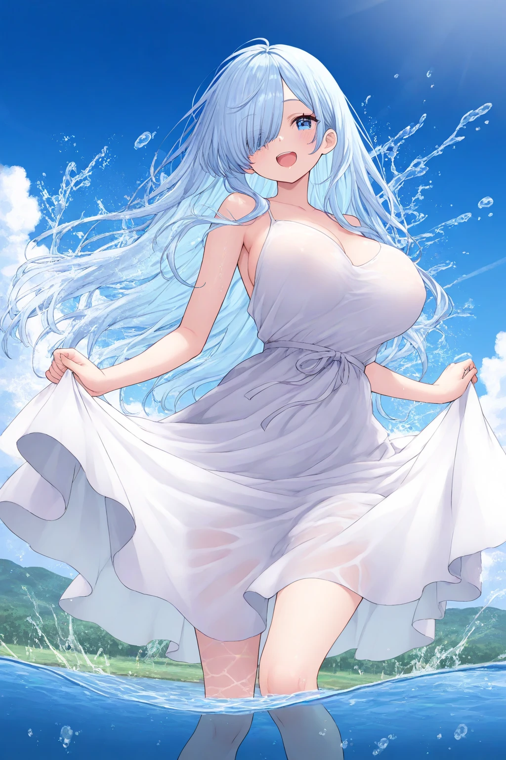 (masterpiece, Best Quality, ultra-detailed, high resolution, extremely detailed CG, official art, Professional Lighting, Perfect Anatomy, anime colors), (from below:1.2), (from front:1.5), fisheye lens, full body, perfect body, 18yo beautiful 1girl, large breasts, open mouth, blue hair, middle hair, blue eyes, gleaming skin, pale skin, curvy, white dress, circlet, (detailed lace panties:1.2), (glaring:1.5),
break chanting magic, stand, (Stretch your arms up:1.3), (large magical wand), (looking at viewer), (open stance:1.5), (looking at viewer),
break sage,
break dark blue simple background, (water Wall on both sides:1.5), (magical water effect:1.5), wind, stormy atmosphere, water transmutation, (blue sky), outdoor, (depth of field:1.3)
