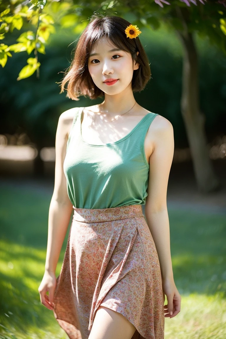 1 woman, adult woman, woman in her 30s, tarankaaa, NOT DASHA TARAN, full body standing, full body head to feet, perfect body, best quality, 32k, photograph, full body (head to toe), tone mapping, ((houjou satoko,short hair,black hairband,blonde hair,violet eyes,hair between eyes,olive drab dress,one piece dress,short sleeves,mid sized breasts,athletic, skinny, accentuated hips and waist)), asian-european, ((golden blonde hair, short hair, purple eyes)) perfectly drawn hands, ((masterpiece)), ((highres)), ((detailed background)), japanese village background, next to a river, (big proportions), cute pose, beautiful smile, ((perfect eyes, detailed eyes, realistic eyes)), ((sharp face, detailed face, realistic face, natural skin, realistic skin, detailed skin, pores)), (real wider legs, truly wider arms)