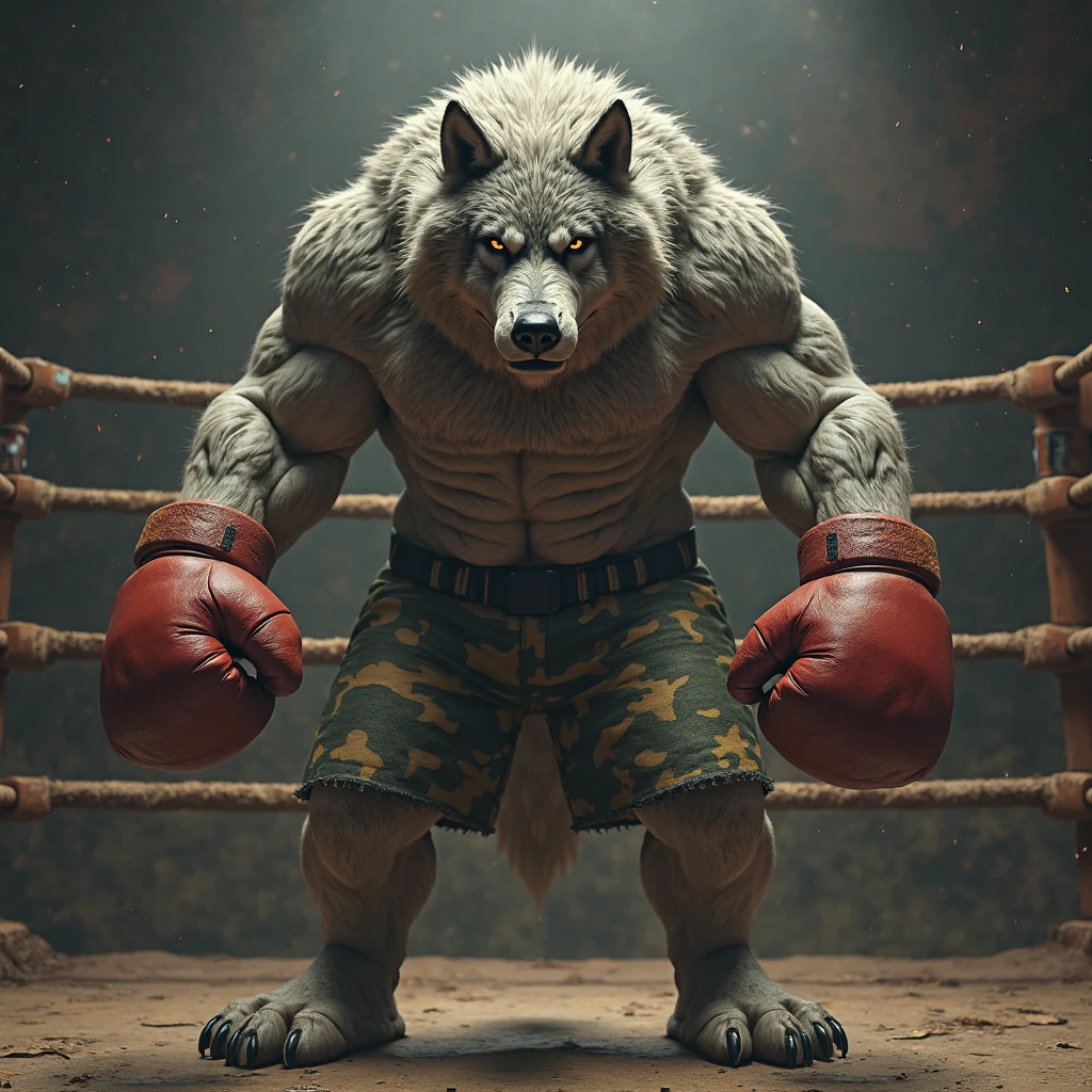 Humanoid wolf training in the shadows of an mma gym punching a punching bag aggressively with glowing amber eyes and a scowl showing teeth, show only from the waist up