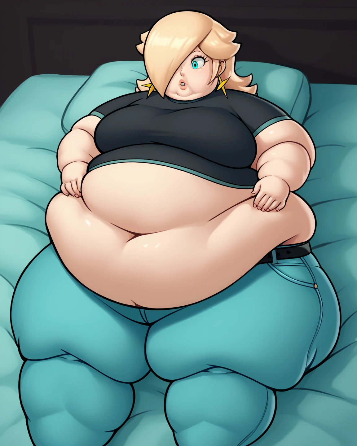 Winry Rockbell, blushing, embarrassed face, goth girlfriend, goth girl, goth, black lipstick, blonde hair, long blonde hair, stuffed belly, big belly, round belly, very full belly, fat belly, flabby belly, obese, obese face, obese belly, (fat belly:1.4), obese arms, obese legs, (obese:1.4), massive breasts, huge breasts, breast expansion, biggest breasts, (big boobs;1.4), big boobs, huge tits, holding breasts, ????????????, lactation, topless, no shirt, at home, in living room, best quality, aroused, turned on, choker necklace, choker, no clothing, naked, , ,