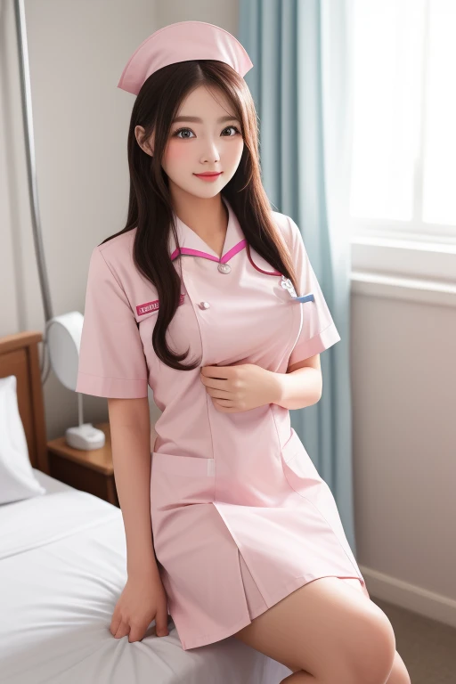 On the bed,Ecstatic and lascivious expression,((((, , Perfect Anatomy, Very detailed肌)))), 1 girl, Japanese, 19 years old, nurse, White skin, Glowing Skin, Large Breasts:0.5, Take in the view, (smile:1.5), Beautiful attention to detail, (Mid-length hair:1.1, Half Up:1.5), Blonde, blue eyes, Pink Lips, Baby Face, Mole under the eye, ((nurse cap, Short sleeve, light pink nurse wear, ((White legwear, zettai ryouiki)), White gloves)), (Beautiful views), Daytime, , ((In a hospital bedroom, Modern)), Are standing, (8k, Highest quality, Masterpiece, Very detailed, ), (Realistic), figure, Cinema Lighting