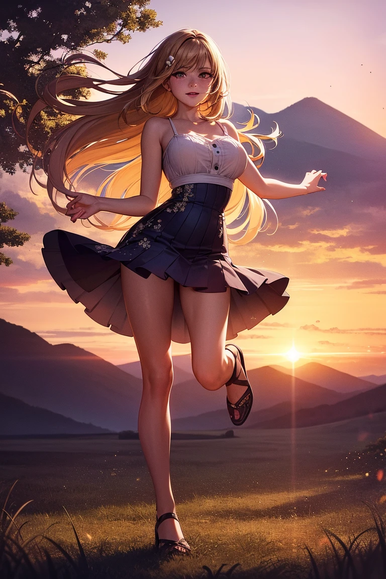 ((A beautiful and cute woman is standing on the terrace)), ((22-year-old beauty)), ((charming smile)), ((her long hair is blowing in the wind)), ((her miniskirt is It's waving in the wind)), (( You can see the cleavage of her plump bust from the blouse)), ((Gradient eyes)), ((The background is a night view of the city)), Attractive makeup, Single view, NFFSW , UHD, Retina, Masterpiece, Accurate, Anatomical, Scientifically Correct, Textured Skin, Super Detail, High Detail, High Quality, Award Winning, Top Quality, High Resolution, 1080P, HD, 4K, 8k, 16k