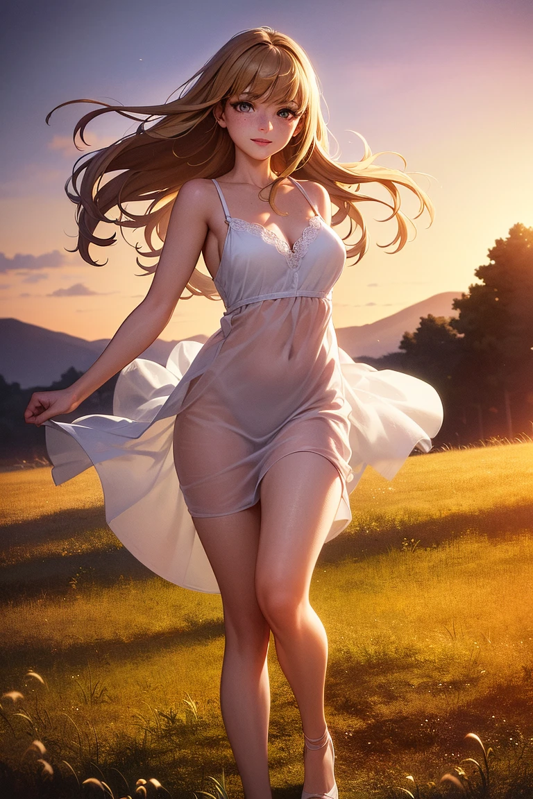 Best quality, 30 year old woman, massive breasts, brown long hair, blue eyes, skimpy thin white dress, sunset, upper body, sexy, angelic, thin fabric, see through, god rays, fluffy clouds, colourful flower field,
