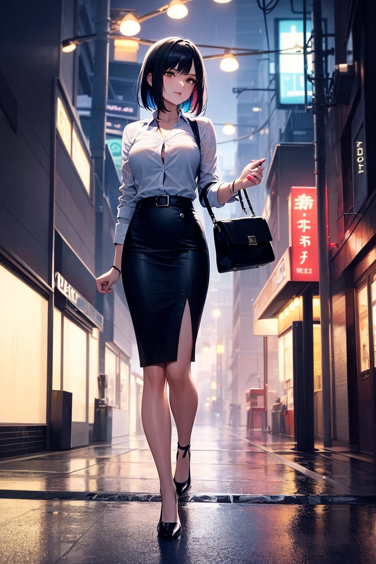woman, mature, Tae Takemi, extremely detailed face, extremely detailed eyes, short hair, bob cut, very black hair, blue hair, choker, necklace, leather jacket, blue dress, spiderweb, ripped pantyhose, makeup, eyeliner, (wetting self:1.5), desperation, huge breasts, (blushing:1.5), embarrassed, humiliation, aroused, orgasm, trembling, city, street, crowd, night, futuristic, colorful lights, colorful city