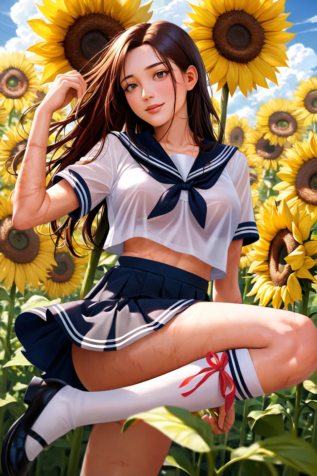 (best quality, 8k, photorealistic:1.5),(beautiful Japanese girl),((one woman)),(solo female:1.1),(one person photo:1.3),(front photo),(very muscular),(whole body muscular),(bodybuilder),(amazing abdominal muscles),(shiny skin),(light brown hair color),(Bend legs and open thighs),(squat down),(baby face:1.5),(big beady eyes:1.5),(droopy eyes),(impressive eyes:1.5),(cute girl),(sex appeal),(Mini thong:1.3),(Mons pubis),(raise both arms behind head:1.4),(lean back),(sunflower),(stretch back),(open legs firmly),(healthy body),(teenager:1.2),(school uniform costume play:1.3),(Show off crotch),(1 person photo:1.5),(embarrassing:1.5),(pinup model photography:1.5),(pinup girl photography)