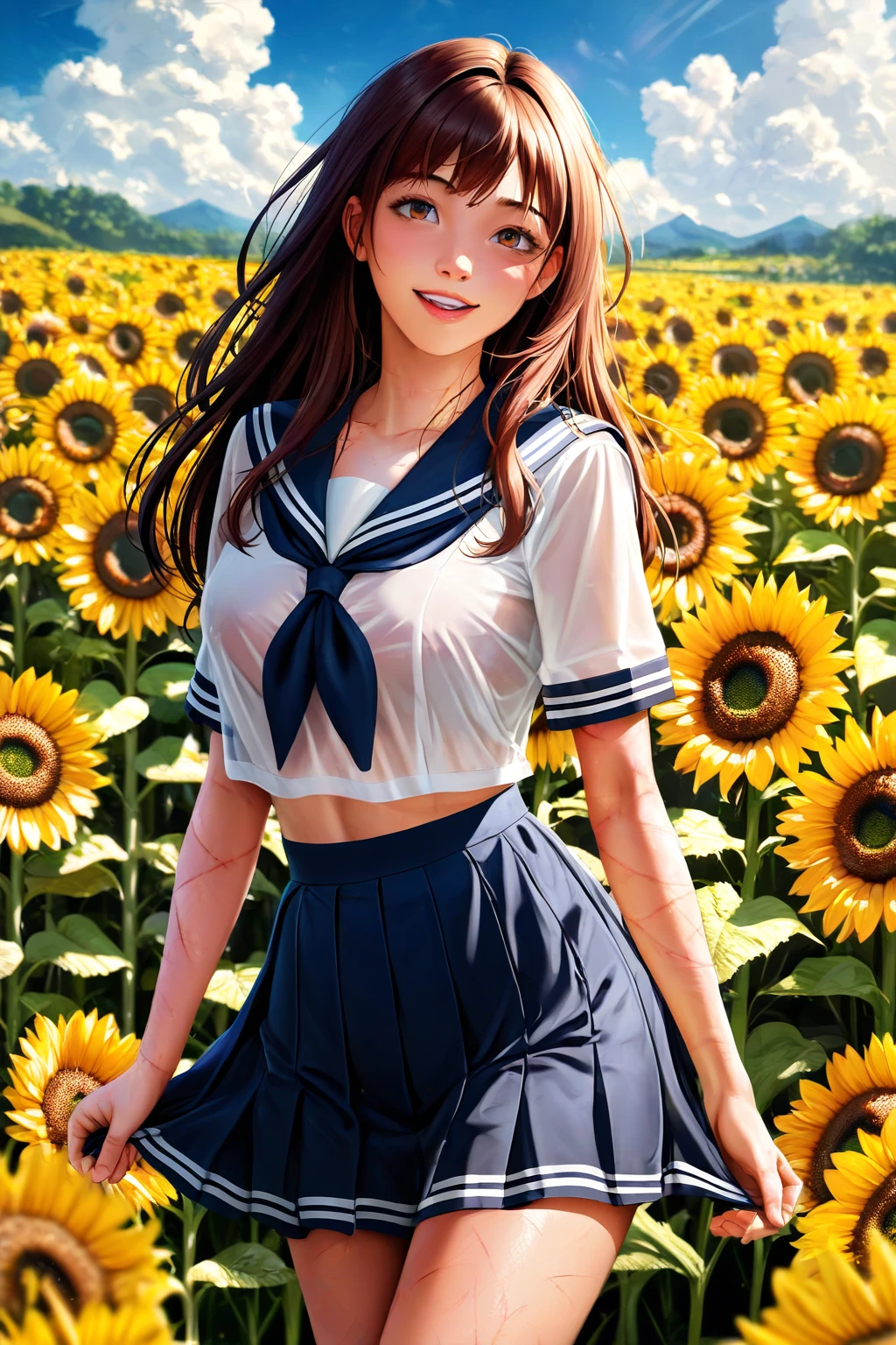 high-level image quality。Beautiful morning sun overlooking the sunflower field、A smiling 22-year-old standing there、The image of a Japan schoolgirl shines。She wears a pale pink sailor suit.、Short skirt swaying in the wind。 --auto