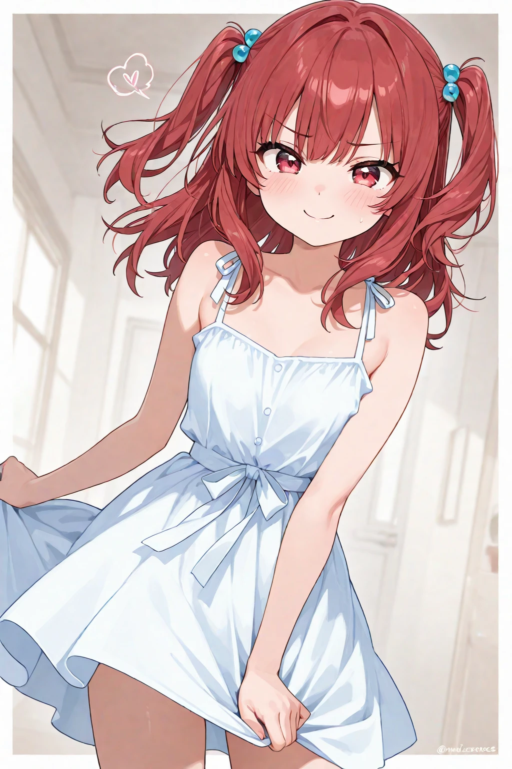 1 girl, Red hair, blushing, medium length hair, curly hair, freckles, brown eyes,   body shape, small breast, cute dress