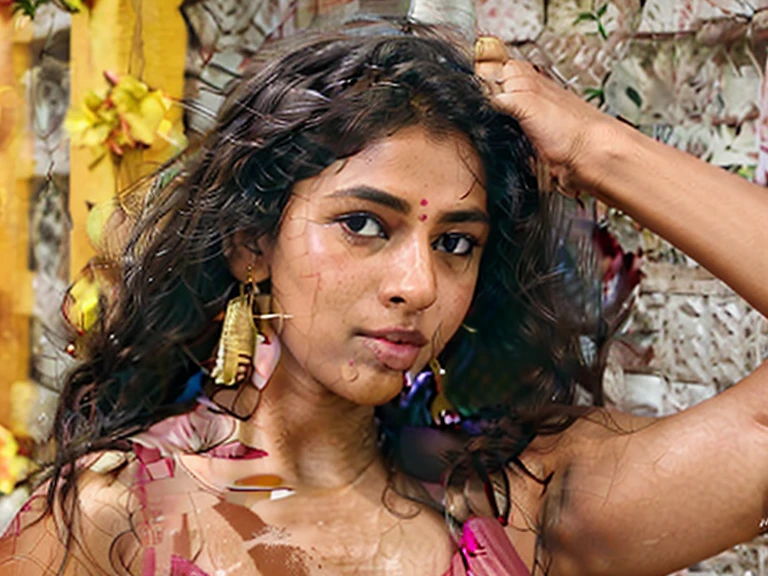 ultrarealistic hires close up photo of a 30-year-old sai pallavi woman, outdoors, realistic skin texture, looking looking at camera, pink bikini, beautiful bokeh background