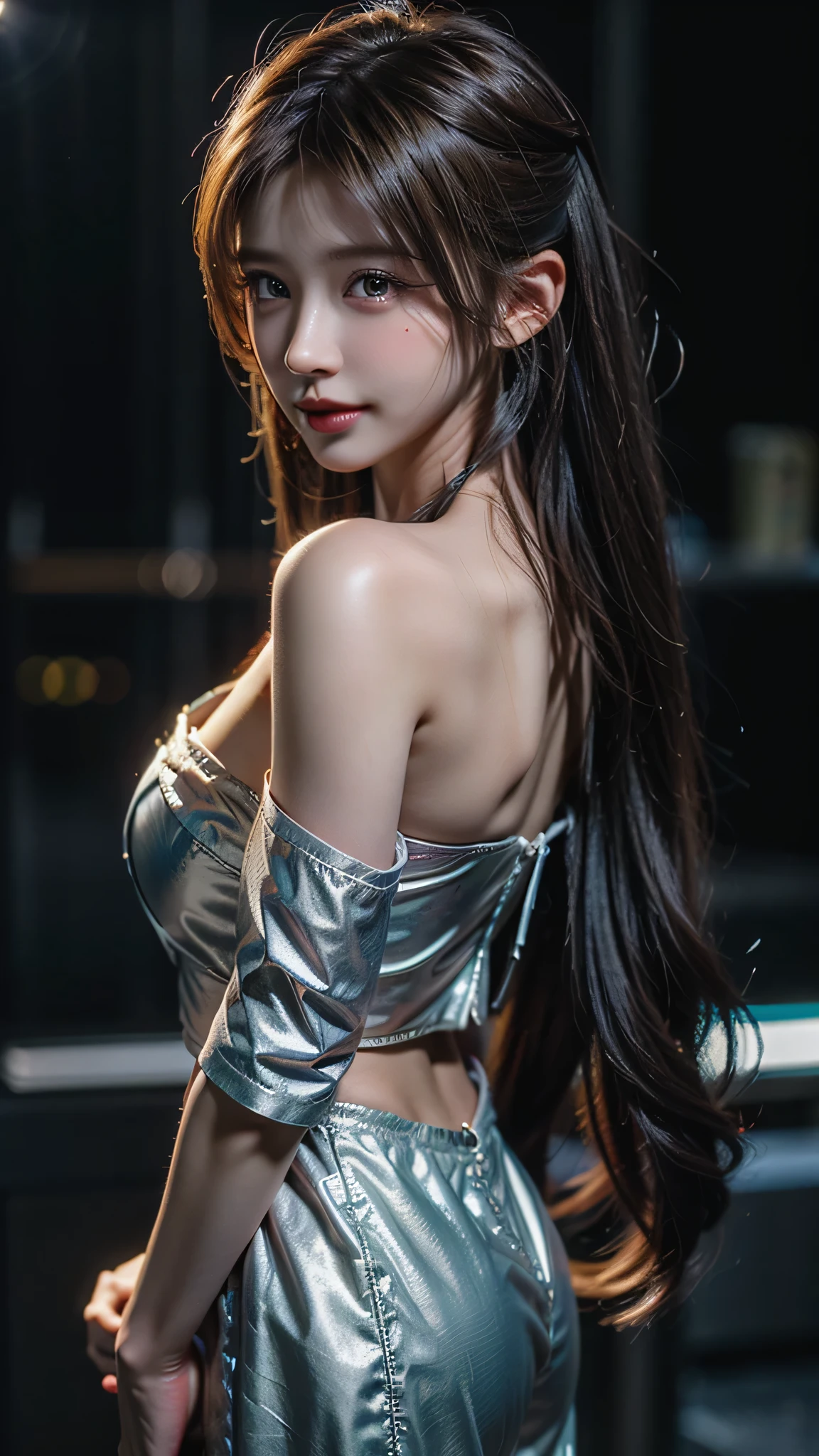 Best Quality, Masterpiece, Ultra High Resolution, (Realisticity: 1.4), Original Photo, 1girl, Bare Shoulder, Cinematic Lighting, (Upper Body: 1.5), (Battle Stance), Big Bust (D)