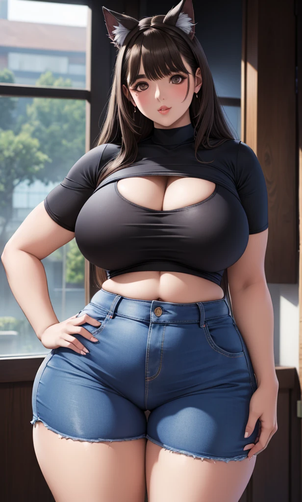 girl with shirt, overalls skirt, massive long wide fat breasts, deep cleavage, cityscape, flirtatious look, ((very detailed)), (perfectly detailed face), (well detailed hand) photorealistic image, plump pudgy belly, very wide hips, thick plump thighs, massive plump fat wide round ass, mature mother, plump motherly body, plus size model, tight clothes, form fitting clothes, revealing clothes,