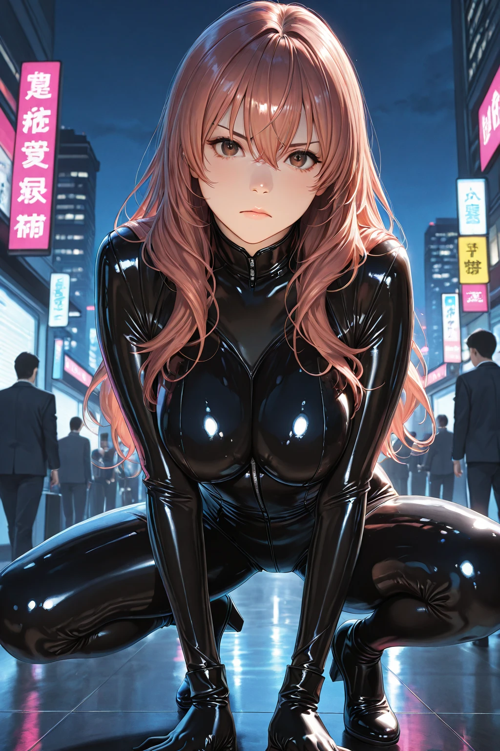1 girl,NSFW,Kotori Minami,(lovelive),clavicle, absurd, brainwashing,Combatant, empty eyes,((purple glowing eyes 1.5)),  huge breasts , No expression, emotions removed,(black latex tight bodysuit),look away , whole body shape, ((stand up, salute)),(highest quality、4k、8K、High resolution、must have:1.2)、Super detailed、(reality、It&#39;s realistic、realistic:1.37)、ticker、hyper hd、studio lighting、ultra definition paint、sharp focus、Physically based rendering、extreme details、Professional specifications、vibrancy and color、blurry、sports portrait、landscape、horror style、anime big breasts、SF、photograph、concept artist、five fingers, perfect body,  {{{masterpiece}}}, {{{highest quality}}}, {{Super detailed}}, {shape}, {{very delicate and beautiful}},Improved cost performance、all roles、Canon 5D MK4でphotograph、photograph, 