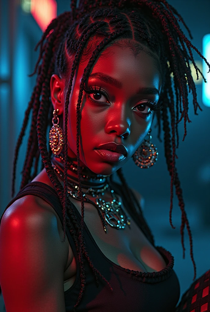 nigerian woman, young, naked, three braids, golden braid beads, septum piercing, dimples, thick collar around neck, naughty expression, woman laying on floor, red latex bodysuit, neon lights, close-up, UHD, retina, masterpiece, accurate, anatomically correct, textured skin, super detail, high details, high quality, award winning, best quality, highres
