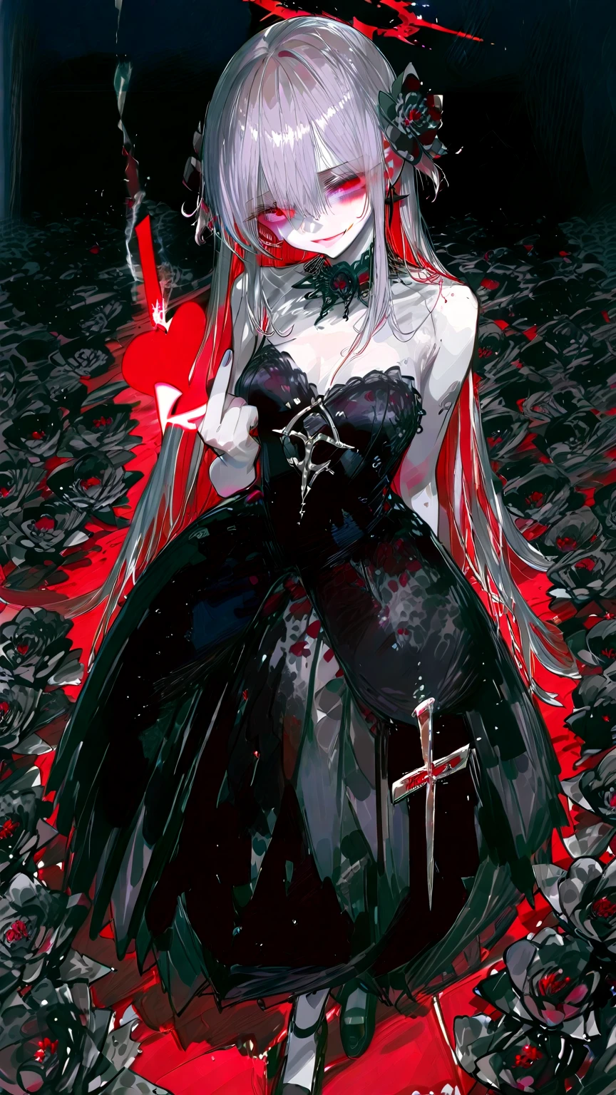 A pale-skinned white-haired girl with gray tones wearing a crown of thorns, from which small drops of blood fall, running across her forehead. Her eyes are completely dark, with an empty expression and a weak smile on her face. She wears a short white dress that reaches her knees. Several silver roses adorn her body, while sharp-thorned roots resemble necklaces, wrapping around her hands and waist. The setting is a ruined church, with cracked walls and broken windows, where light timidly enters. Next to her is an altar holding a cross adorned with several roses. The atmosphere has a melancholic and mysterious air, highlighting the loneliness and the contrast between the girl's beauty and pain.