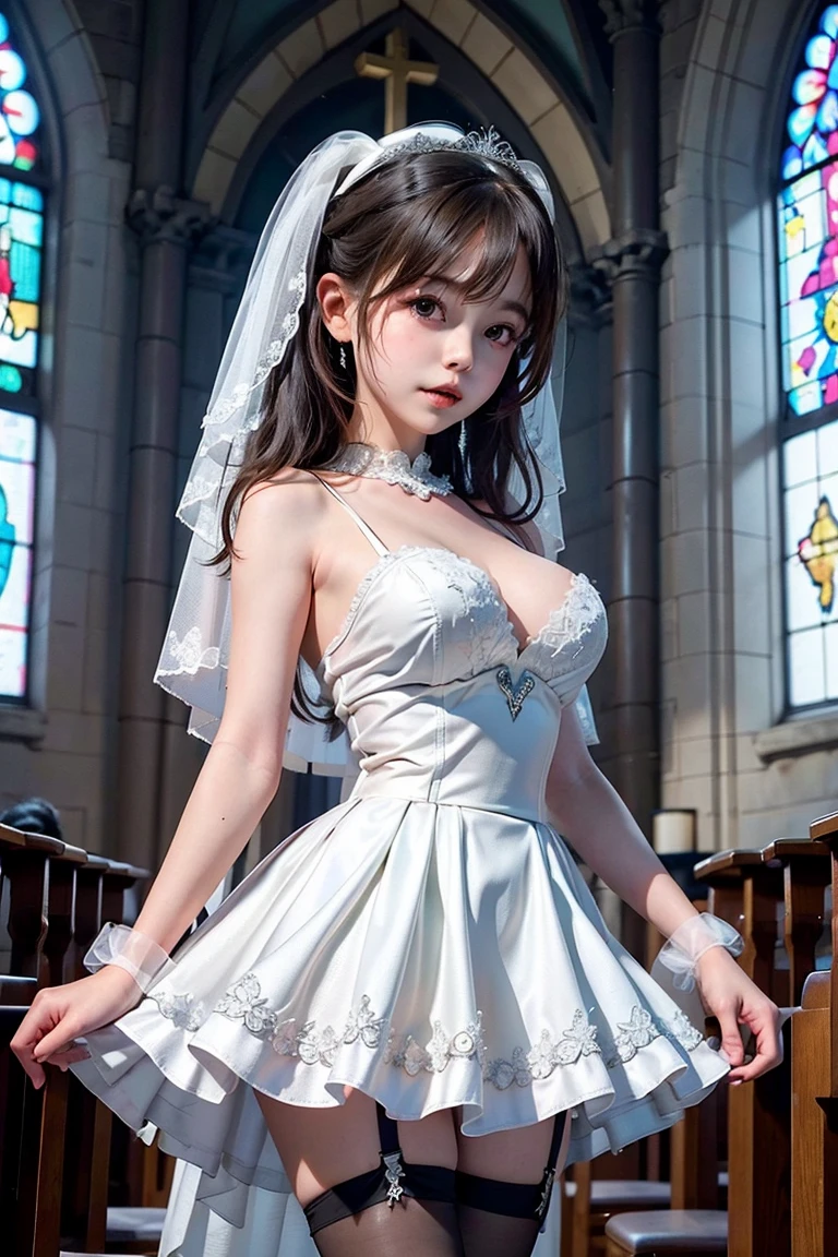 (from Below:1.28), White and Blood Red, (Masterpiece 8K TopQuality:1.2) (ProfessionalPhoto:1.37) ExtremelyDetailed (((FullBody, KAWAII girl with HUGE boobs:1.37)) in (WHITE Lace Wedding MiniDress:1.28)) detailed (Delicate Lace textures), (Detailed(Distant Elaborate Stainedglass Filled Background:1.37) (Tyndall Effect) (Oodles Dazzling NeonColor Particles:1.32)) BREAK ((ZoomLayer, BokeH))PerfectLighting, (((NOGIZAKA FaceVariations))), Extremely Detailed (very KAWAII Face), Childish CaptivatingGaze Stunning ParfectEyes ElaboratePupils with (SparklingHighlights:1.28), Radiant PearlSkin with Transparency . { (Dynamic Joyful expressions LifeLike Rendering:1.4) | (:d) }, (Acutance:0.8) .