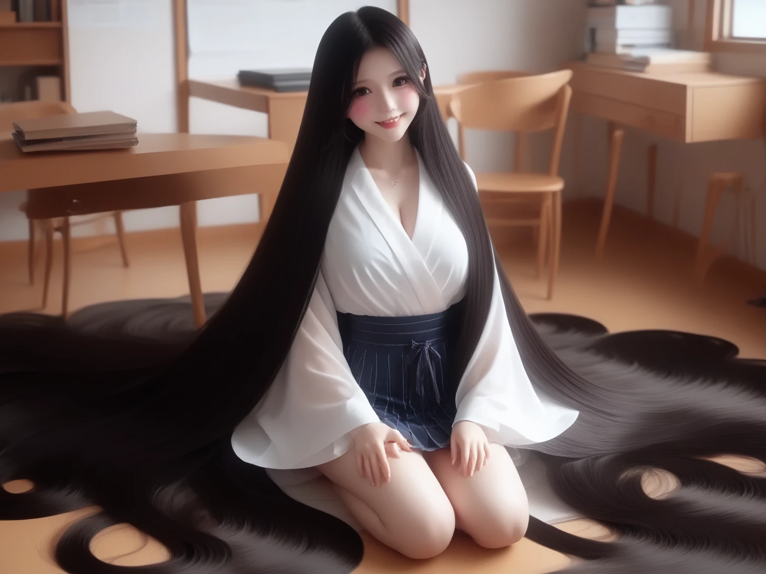 ((Top image quality、top-quality、Top resolution、hyper realistic photography、Full body photo、masterpiece、1 girl、Very beautiful face、Super Super Long Hair、hair length about 3 meters,,,,,、Straight black hair、Black hair longer than height、Black hair that has not been cut for more than 20 years、Slender body、White underwear or naked、Indoor Location、8k))、Winner of the World Long Hair Contest、Full body real photo、Head-to-toe photo、Photo taken from about 4 meters away、Super Real、Sitting in a noble chair、She has super long hair that covers her entire body、The longest black hair in the world、Body buried in hair、Long black hair is silky、The luster of black hair is wonderful..........、Hair longer than Rapunzel、put your hair up、(Hair is an ultra-realistic photo)