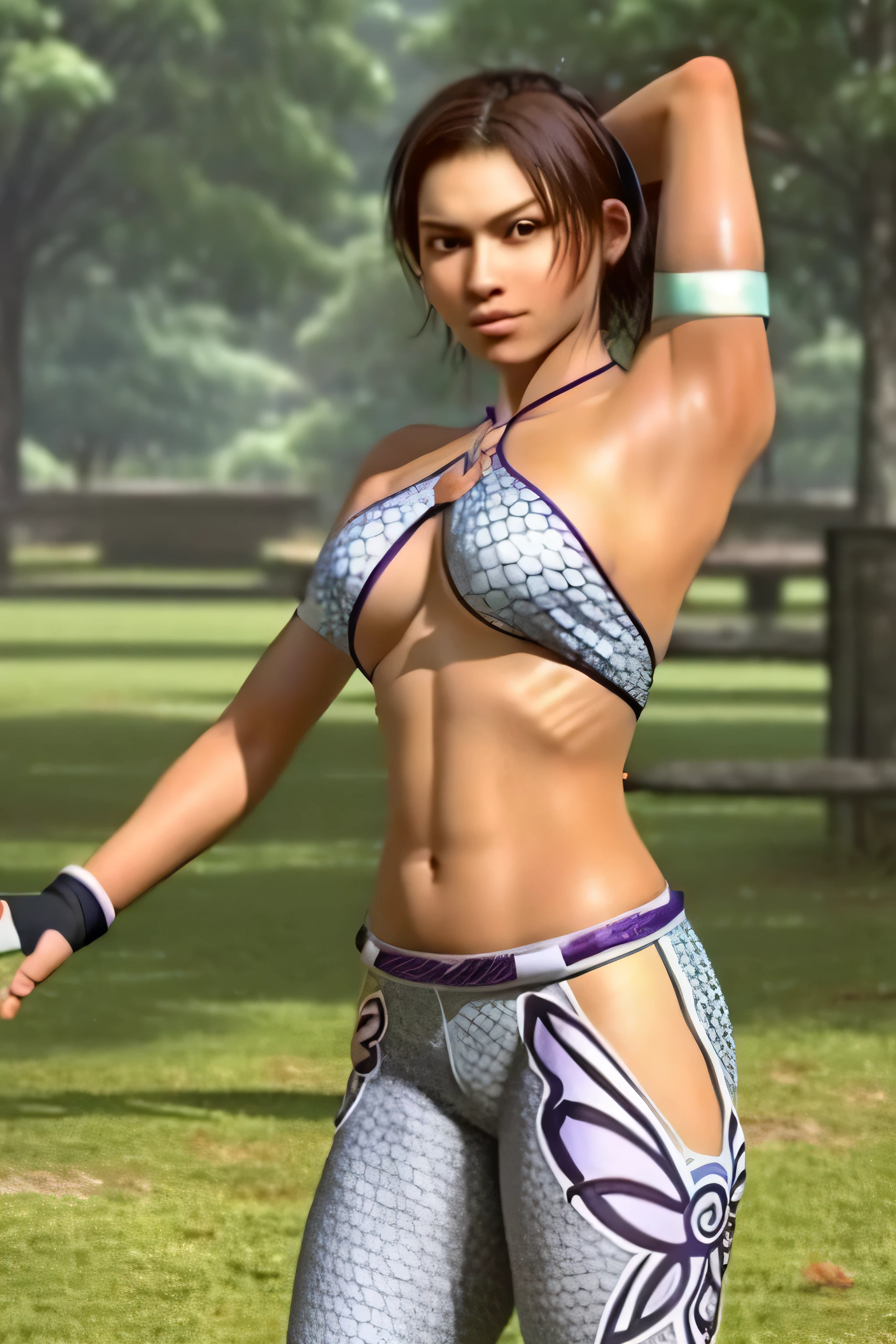 1 girl, standing, Christie Monteiro,18 years old, Cups, wearing blue jeans, wearing purple bikini top,arm warmers, , shorts, brown hair, big chest, big ass, medium breasts, 18 years old, mature appearance,armpits,sweat,sweaty,sweaty armpits,arms up,showing armpits,awesome armpits,blue outfit, purple arm warmers, purple green arm bands