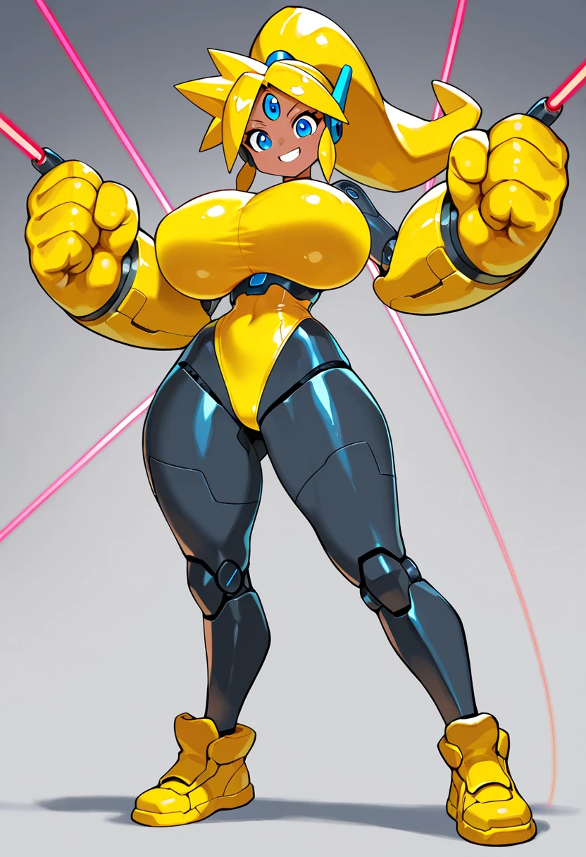 Renamon-themed knight, large shoulder-length armored gloves, human female with cybernetic visor over eyes, Heavy armored torso, mechsuit full-body encased in heavy armor