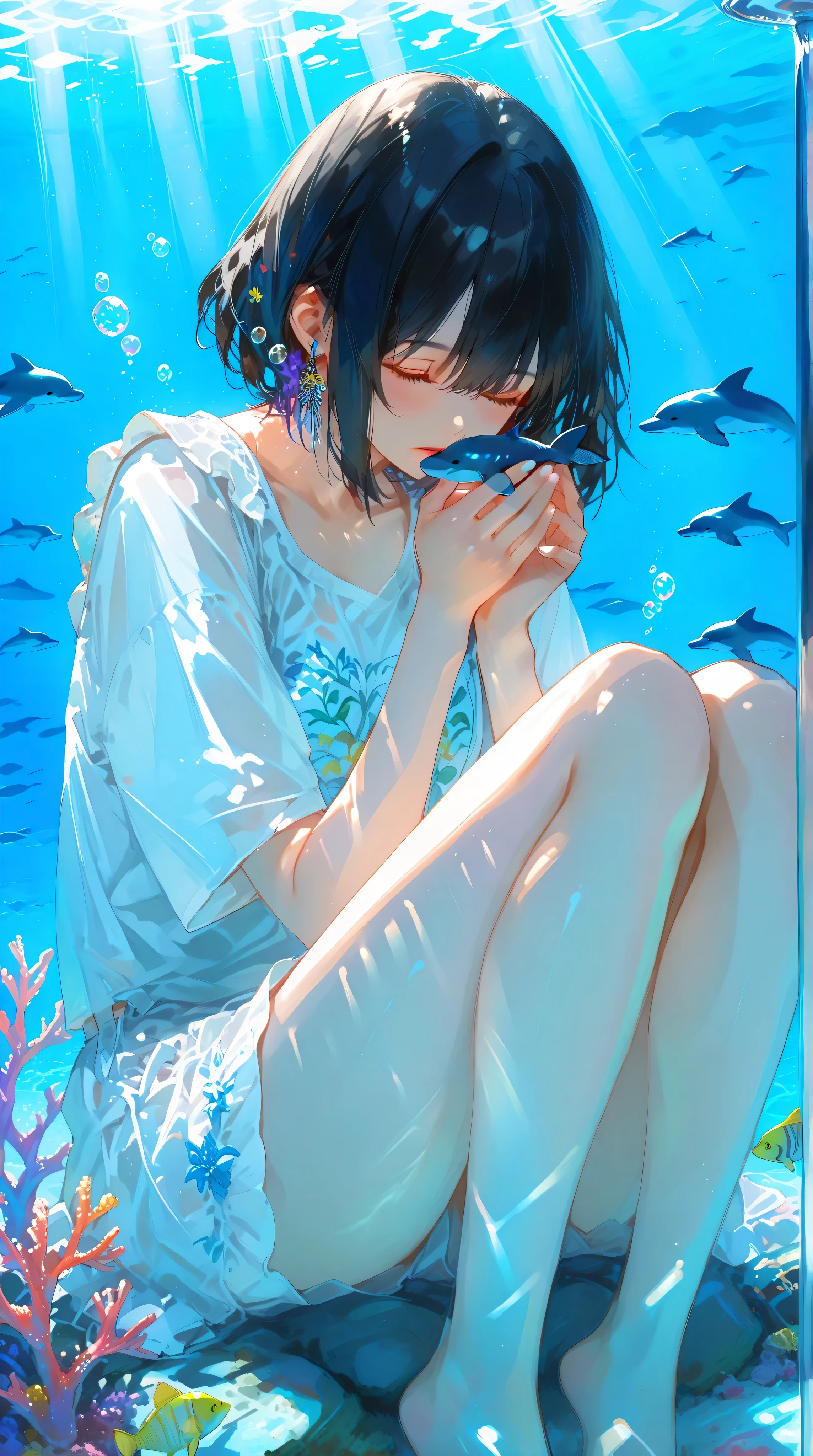 748cmstyle, anime girl, perfect hands according to anatomy, 5 fingers, perfect legs according to anatomy, 2 legs,
realistic shadow quality, realistic reflection quality, Realistic light quality, masterpiece, High Quality, High Quality, High quality eye detail, very aesthetic, Newest, Detailed Scenery,
A beautiful anime-style young woman with long flowing black hair is underwater, gently stroking a dolphin with one hand.
She is floating gracefully, her body slightly curled as if in a dreamy state, and her expression is soft, manja, with closed eyes like she’s sleeping peacefully while still interacting with the dolphin.
Her face shows a mix of tenderness and tranquility, with one blood-red tear and one clear tear drifting upward from each eye. Her other hand floats loosely near her chest.
The dolphin leans into her touch, swimming beside her with affection and calmness.
Surrounding them are colorful coral reefs, tiny shimmering bubbles, and tropical fish, with rays of sunlight piercing through the deep blue water.
Her hair and clothes flow gently with the current, and her skin glows faintly like a spirit of the sea. The whole setting feels like a silent underwater paradise.