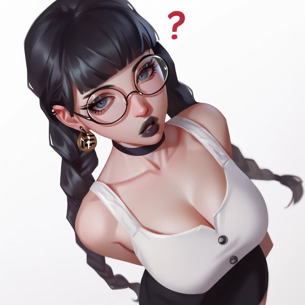 bblurry, traditional art, liu2, brush texture, punctuation_9, punctuation_8_High above, punctuation_7_High above, 1 girl, Bblack hair, braids, slickedback hair, long hair, grey-eyed, thick lips, mic, long eyelashes, half-closed eyes, black frame glasses, round glasses, black choker, Blunt bangs, grown-up, black eyeliner, breasts big, ear piercing, black lips, grey-eyedhadow, looking ahead at viewer, break solo, standing, grown-up, skinny, leg high, arched back, tight slit, break (White background:1.2), simple background, dynamic pose, dynamic angle, angled shot, big breasts