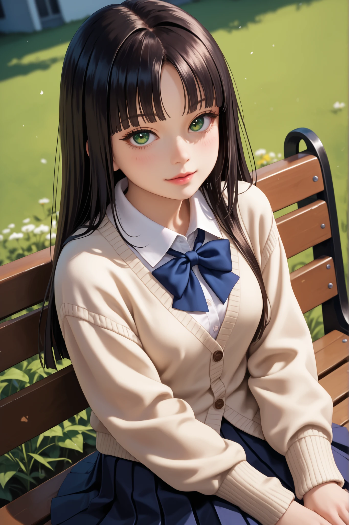 (ultra-detailed), (Ultra-high resolution), (8k), (HD), (High Quality), (Top quality), (High-Detailed), (Detailed CG), (Cinematic Shadow:1.0), (Beautiful Detailed Eyes), (Ultra Resolution), (Depth of Field), (High Resolution), (Masterpiece), (best quality), (amazing quality), (very aesthetic), (perfect eyes), (Anime Art style), dynamic angle, (look at viewer), (cowboy shot), 1girl, Tomie, (solo:1.4), long black hair, hime cut hair, parted bangs, green eyes, doll like eyes, black pupils, pale skin , white school blouse with ribbon, long sleeved cardigan, pleated school skirt, loose socks, brown loafers, small breasts , beautiful breasts, dynamic angle, sitting on bench, with hands by side, arms by side, sunny park, sunshine, centered view, looking at viewer 