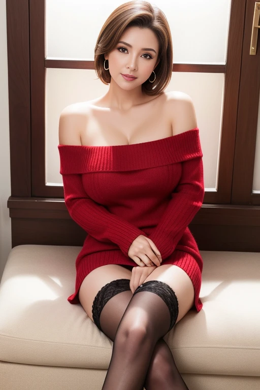 (top-quality, ​masterpiece, (Ultra high definition,4K), (超A high resolution:1.3, in 8K),masutepiece:1.2), (Angle from below), (Perfect Anatomy,Anatomically accurate), (Soft lighting, 光线追踪), (((Open legs sitting on a sofa in the lobby of a luxury hotel))), ((Aerith Gainsborough lookalike)), (Girl with a nice smile), (Photorealsitic), Bright lighting, (cute white nightgown), ((wear a red cardigan)), Cute panties, (Crisp double eyelids), (fascinated expression), (large full breasts:1.4), (Textured skin), (Soft skin)