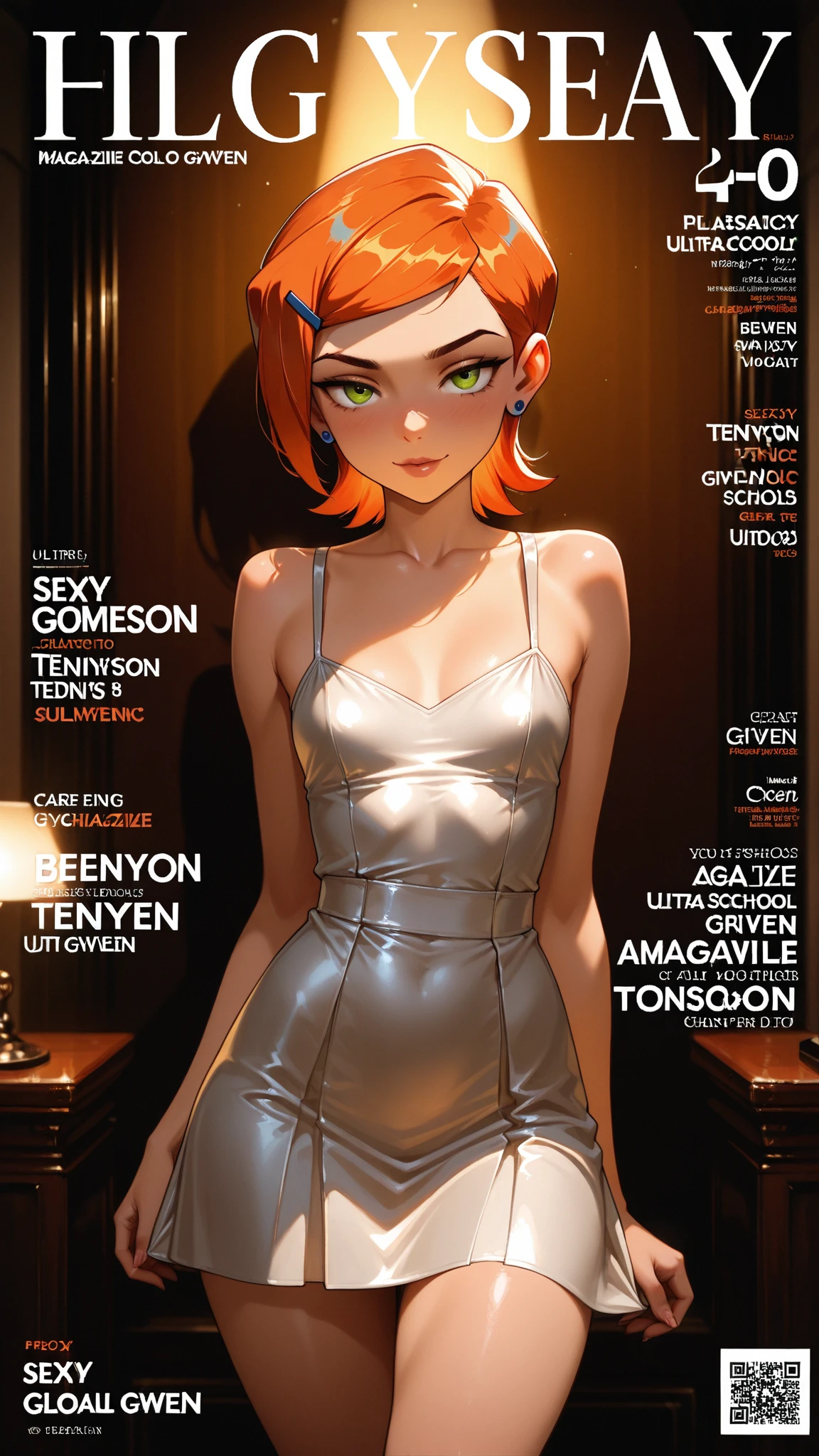  A teenage girl with short orange hair in a bob style cut, a thin face with big green eyes, small lips and an upturned nose, and freckles on her cheeks.

With a tall, slim and elegant body with small breasts and wide hips and very waisted with long legs and fat thighs

Dressed in transparent blue erotic Latex lingerie with cat elements

(((character sheet))) ((various views)) ((front and back) (Face detail) (full body)