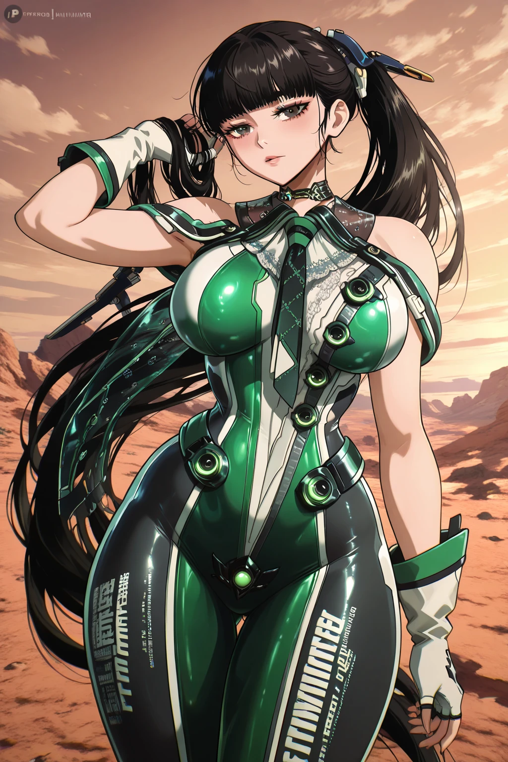 1girl,solo,full body,ruanyi0530,ruanyi0530,android,bare shoulders,belt,black choker,bodysuit,mechanical parts,zipper,green necktie,,sleeveless,white gloves,18 years old Korean girl,green necktie,ponytail,very long hair,see-through,green bodysuit,squatting cowgirl position,spread legs,red background,arms up,<lora:0530 Stellar Blade Battle Suit_3_xl_v1:0.9>, best quality,masterpiece,highres,official art,extremely detailed cg unity 8k wallpaper