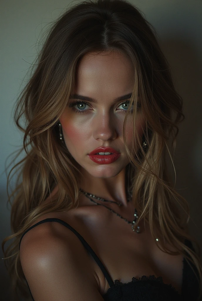 ((ultra realistic)), Photo, High quality, (ultra-detailed face and eyes: 1.2), portrait of a naked girl, (Thin body) , wavy blonde hair, (Eye makeup, mascara, eyeliner, long eyelashes), large detailed lips, cheekbones. natural , a slim body, narrow hips, Beautiful legs. on a dark background. ((Posing lying down)), (erotica). Passionate atmosphere, (low lighting) . (Photo by knee), (ultra-detailed), ((cinematic))