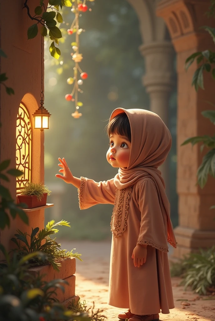 A baby girl sits in a dark hall
