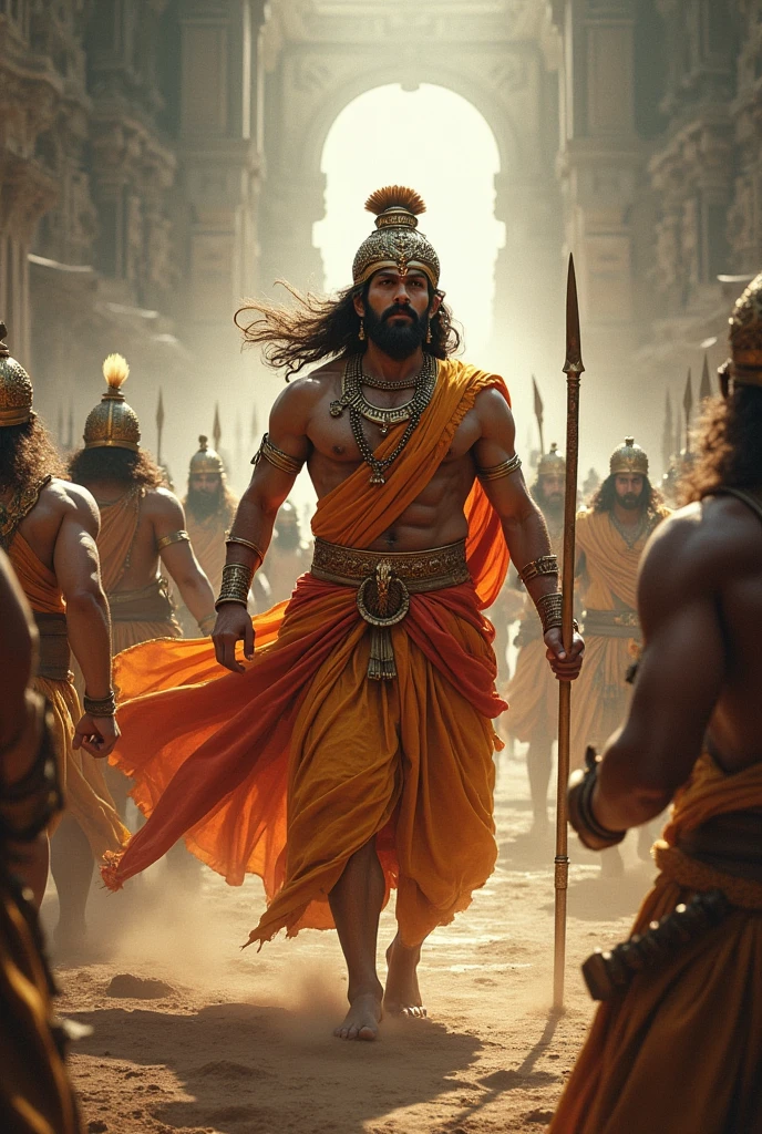 Create a image of lord Kalki, white horse standing in his back and a long sword in his hand. Wearing yellow dhoti, Looking like a warrior. Full and Front view from the battlefield.