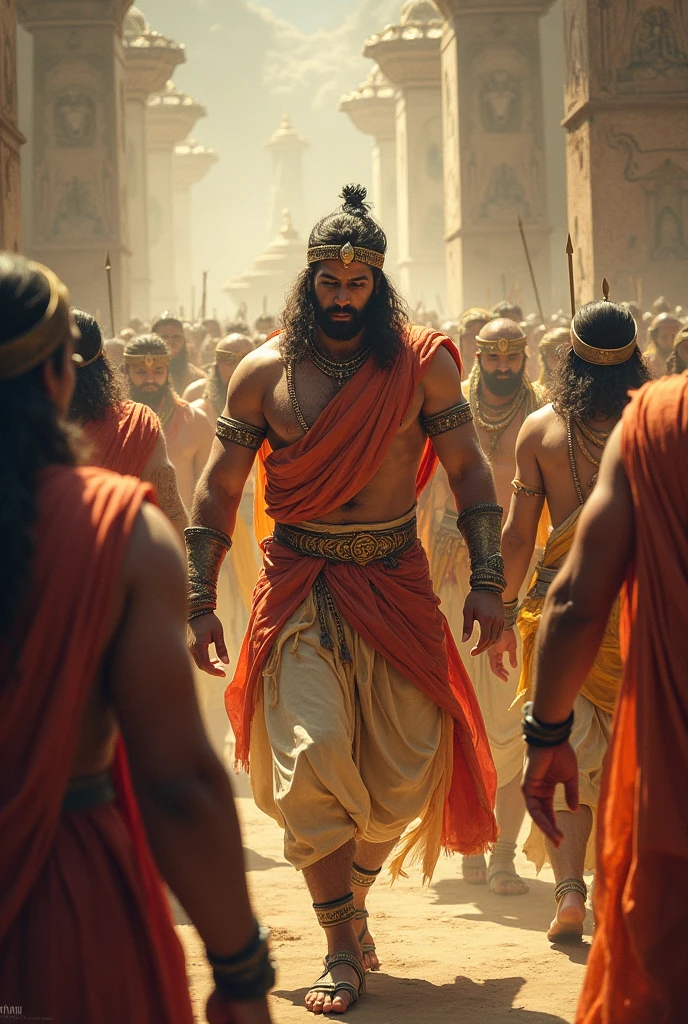 Ek realistic image mein Bhagwan Ram Khade hue unhone dhoti pahani Hui sundar ho aur beautiful ho unke sath Lakshman aur Hanuman niche baithe hue Ho Patna ke bal hath mein gaja pakda Rakha hua Ho high quality real Steel image ek samundar ke pass Khade hue Ho high quality realistic image