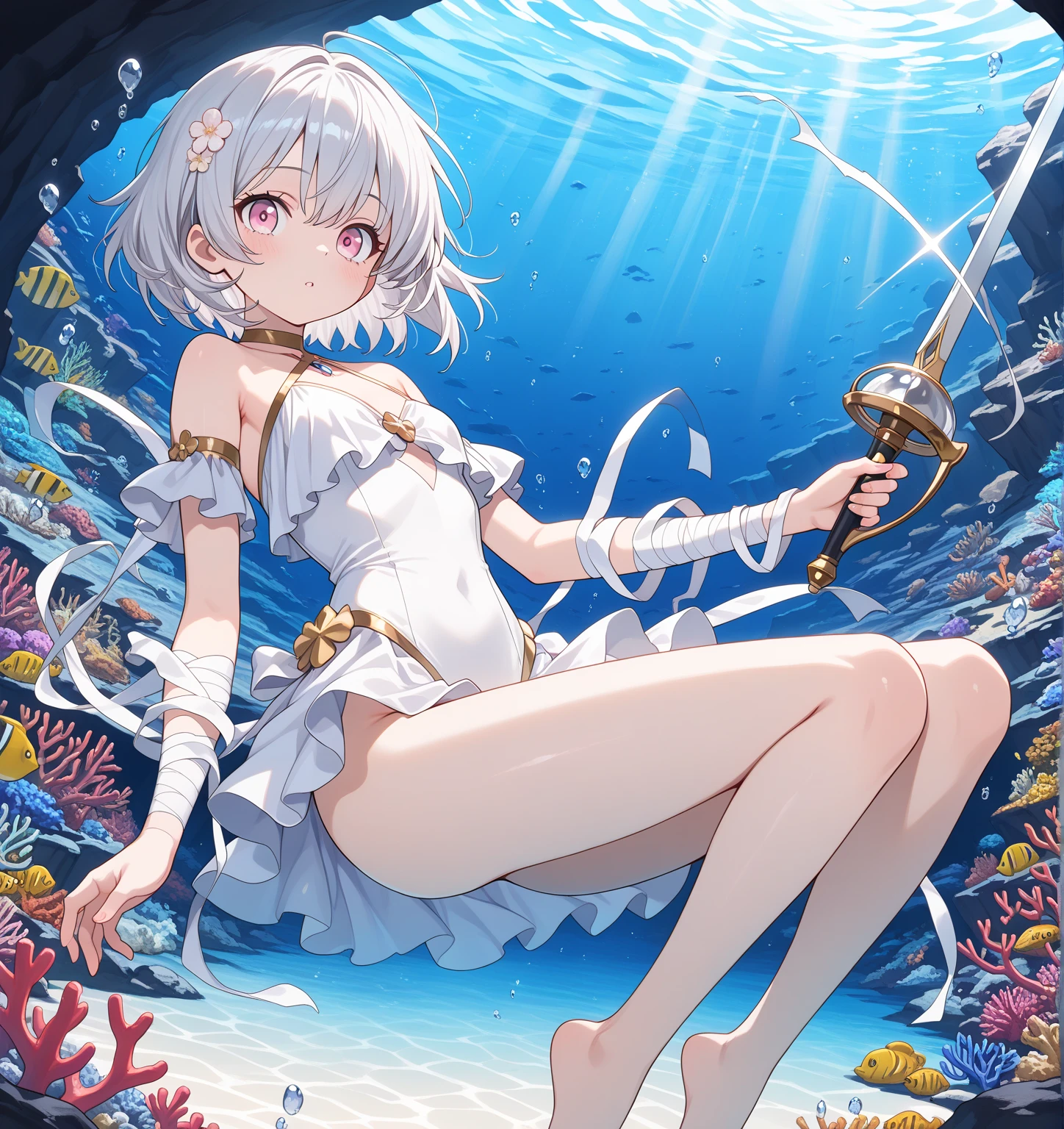 best quality,(masterpiece:1.2),highly detailed,1girl,solo,standing,slight smile,looking at viewer,(white bikini),necklace,<lora:merlin-000021:0.9>,white hair,sunlight,((swimsuit)),<lora:moreDetail:0.7>,messy hair,narrow waist,cross-laced sandals,perfect feet,swim1,