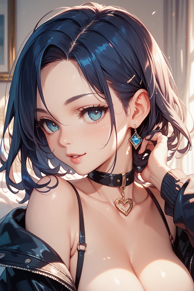 Beautiful young woman, white complexion, short wavy black hair with blue highlights, ear piercings, black leather necklace, golden yellow eyes, pink lips, black and blue victoria clothing